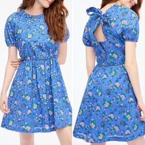 J. Crew Blue Puff Sleeve Tie-Back Mini Dress 100% Cotton Pockets S24, Size 10